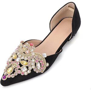 Women Black Rhinestone Pointed Fashion Ballet Flats Wedding Dress Shoes